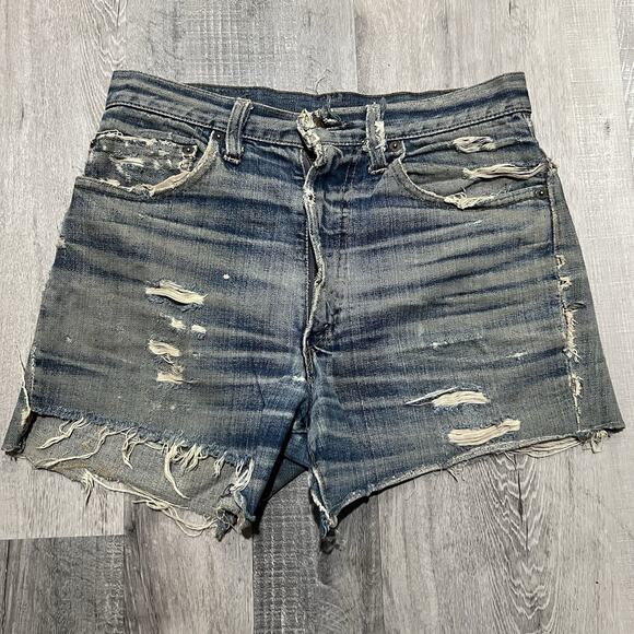 VTbiG Levis Patchwork Denim Shorts 1960s Big E Hippie Cut Off Jean Shorts 31 - Picture 2 of 9